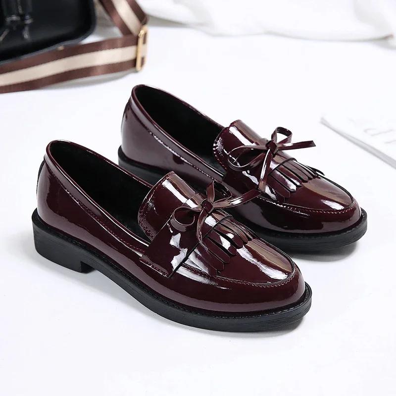 Black Patent Leather Women's Loafers Platform Slip on Shoes for Women 2025 Spring/Autumn British Tassel Casual Flat Shoes Female