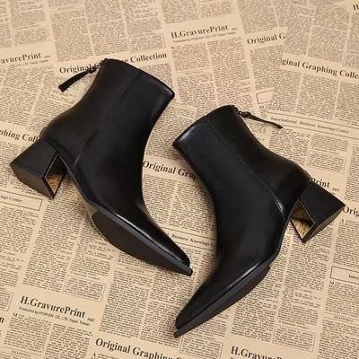 High-End Kleine Kurze Stiefel Damen Frühling und Herbst Einzelstiefel Dicker Absatz Dünne Martin Stiefel Spitz Hoher Absatz Herbst und Winter Damenschuhe
