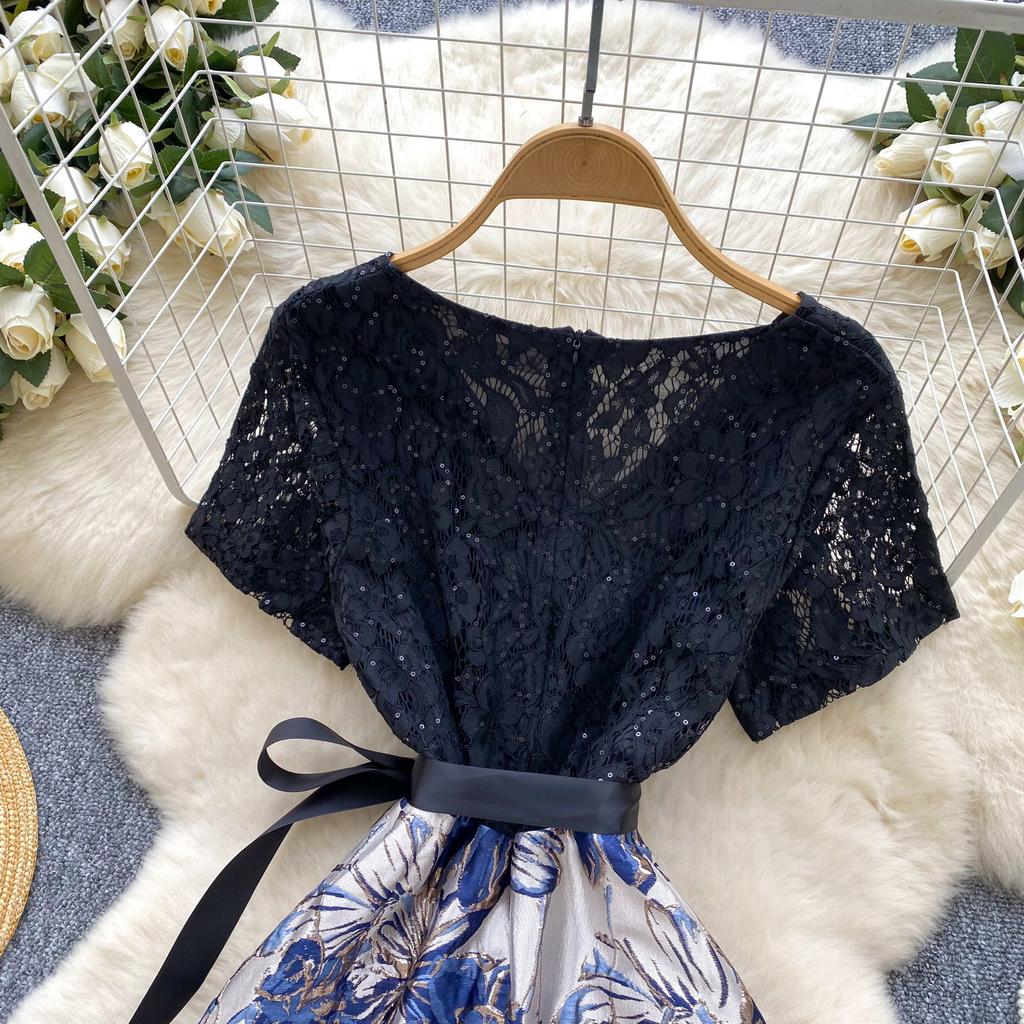 Summer Women French Elegant V-neck Short Sleeve Vintage Jacquard Flower Lace Patchwork Party Lace-up Ball Gown Dresses