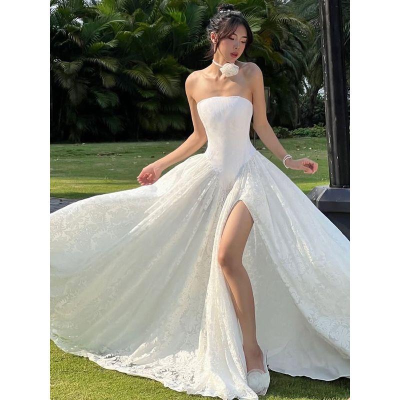 # Sisjuly# Romantic Pure Bridal Jacquard Lace Dark Pattern Patchwork Big Hemline Split Tube Top Dress Women Summer