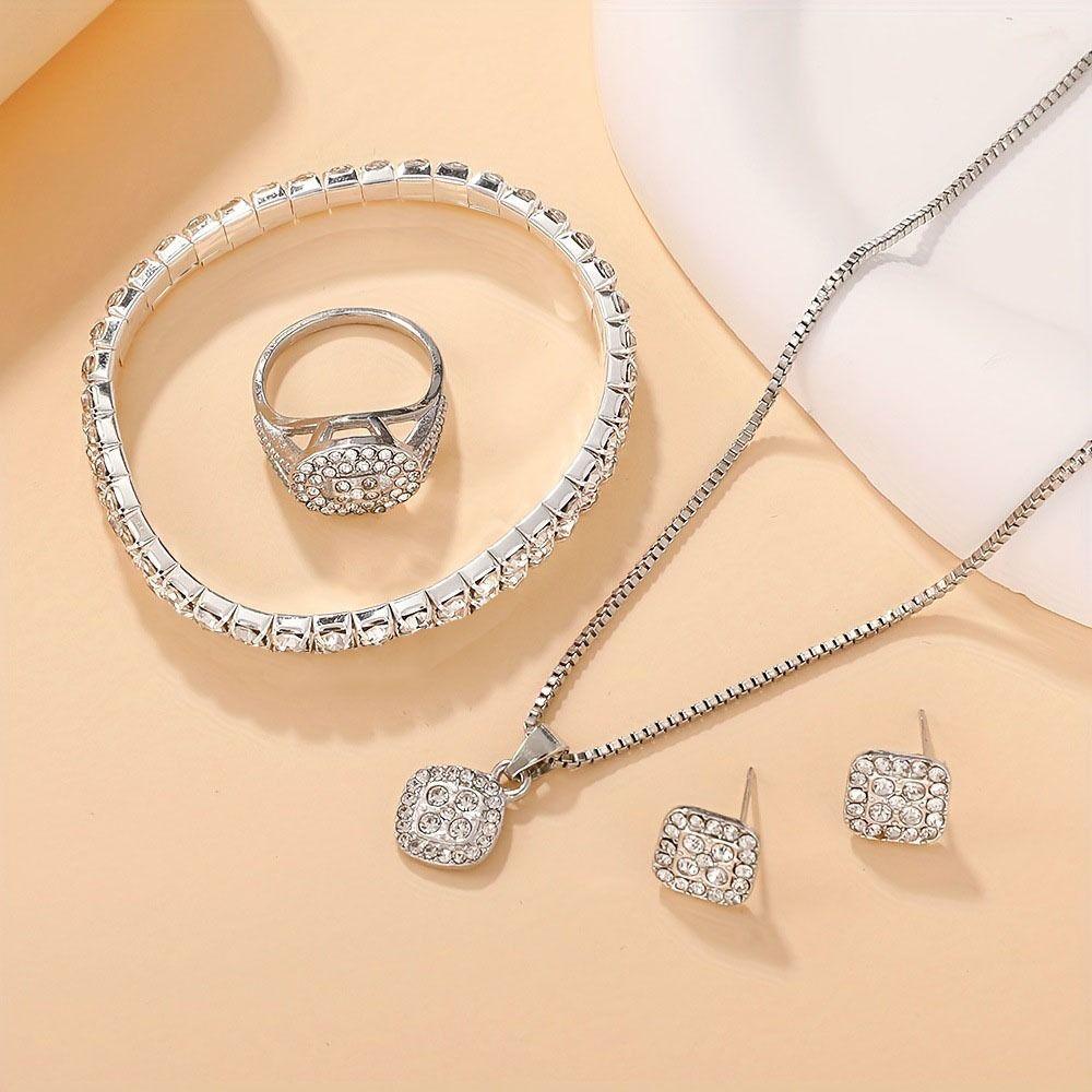 6Pcs/set Luxury Crystal Quartz Watch Shiny Necklace Bracelet Earrings Set  Gifts