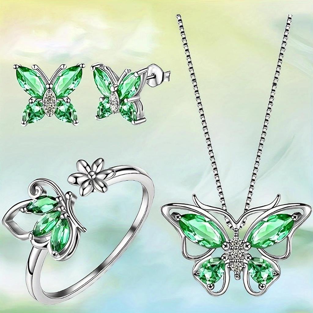 Four-piece set of butterfly stud earrings and rings with stylish, multicolored pendants, perfect for women's daily wear.