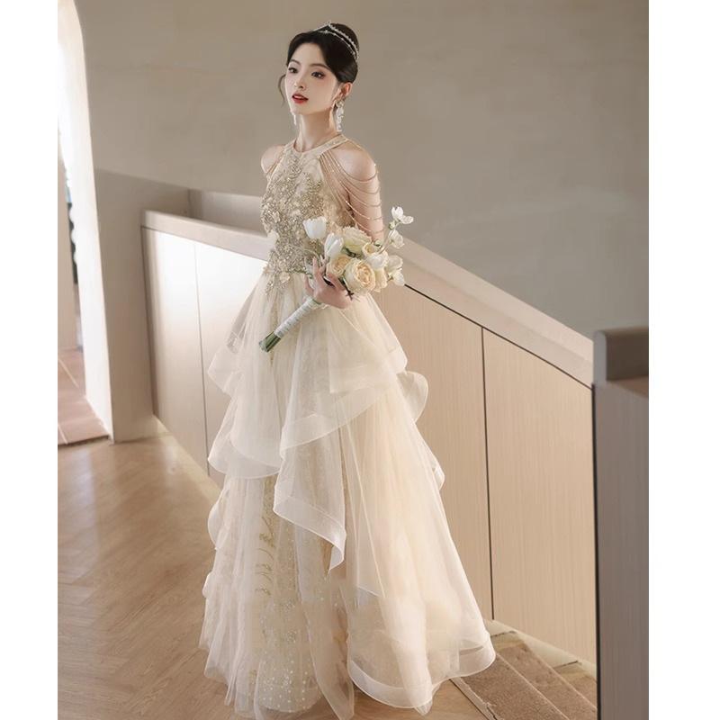 Champagne evening dress banquet elegance temperament beautiful host high sense light luxury niche high-end adult dress