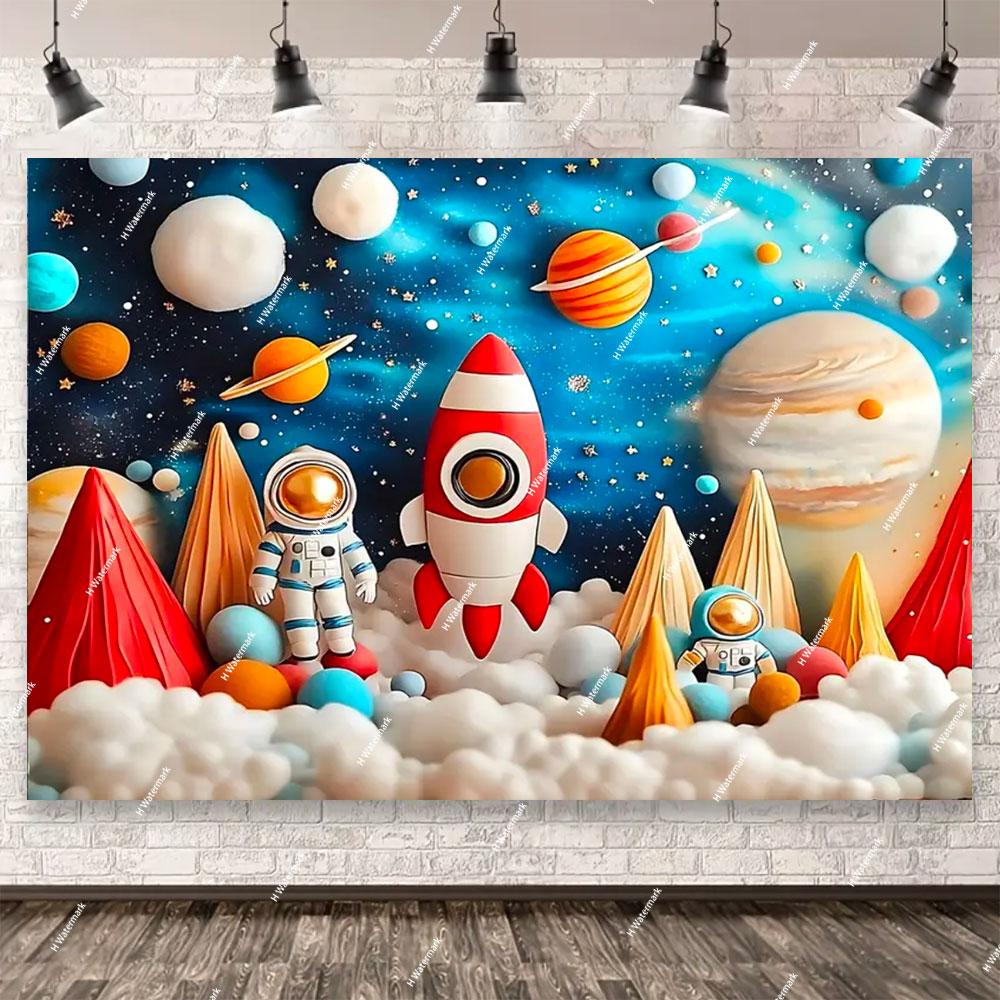 Space Astronaut Birthday Party Background Banner Custom Decoration Rocket Theme Photography Boy Birthday Gift Photo Studio Prop