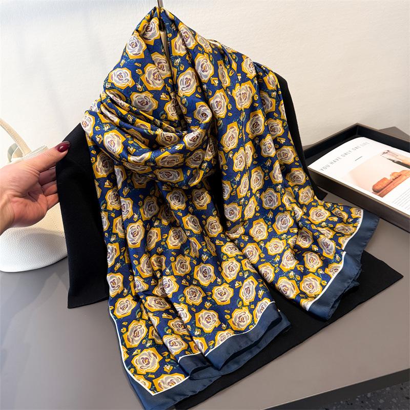 

New printing simulation silk brocade blue background floral elegant rhyme sunscreen silk scarf long scarf shawl versatile headscarf scarf 180*80cm