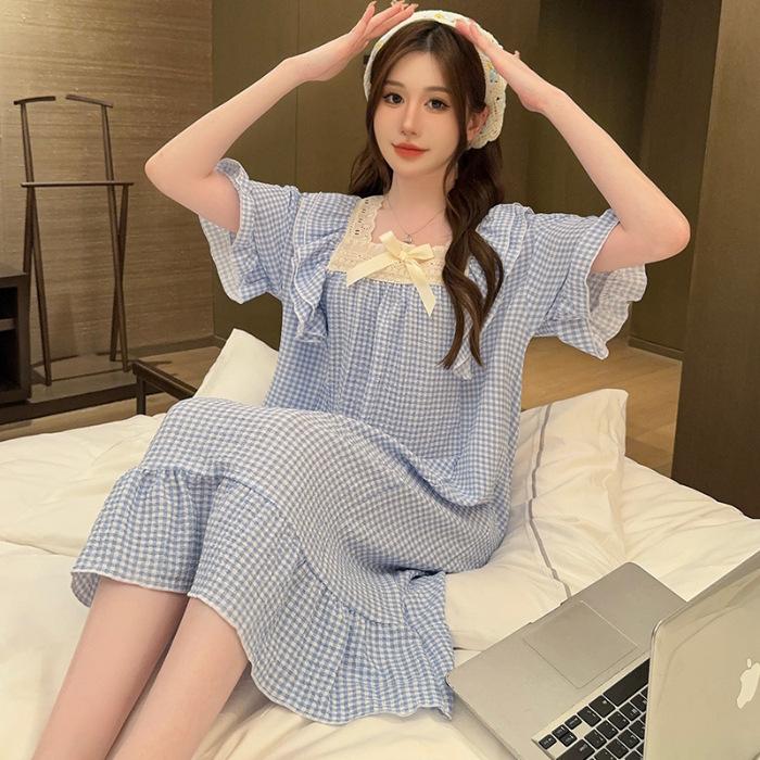 Princess Style Fattened And Enlarged Summer Short-Sleeved Nightgown Wrinkled Cotton Loose Large Size Sweet Cartoon Loungewear Can Be Worn Outside