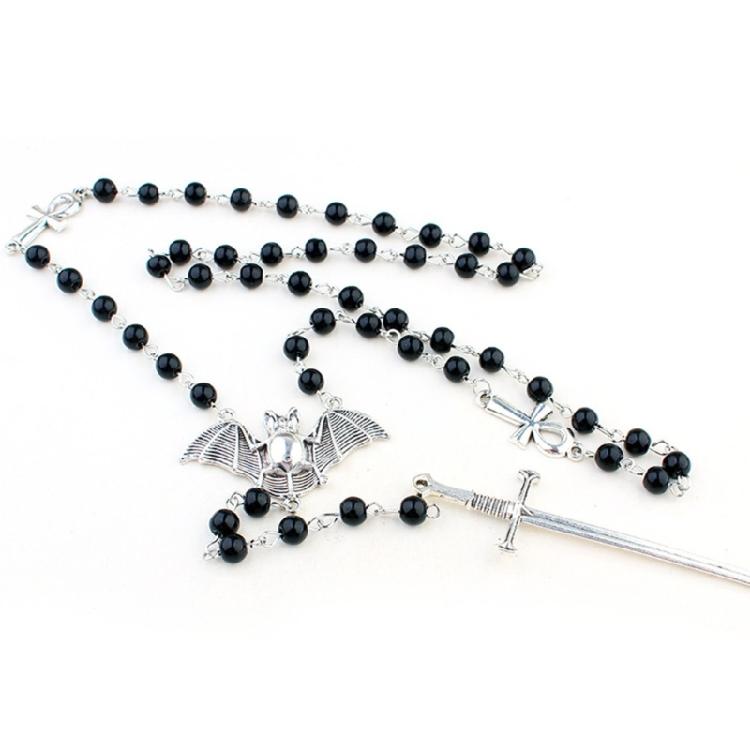 Gothic Punk Cool Rosary Beaded Necklace Ankh Cross Black Beads Bat Necklace