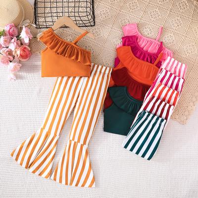 Mädchen Einfarbiges Top Neckholder + Gestreifte Schlaghose Lässiger Anzug Sommer Kinder Mode Anzug