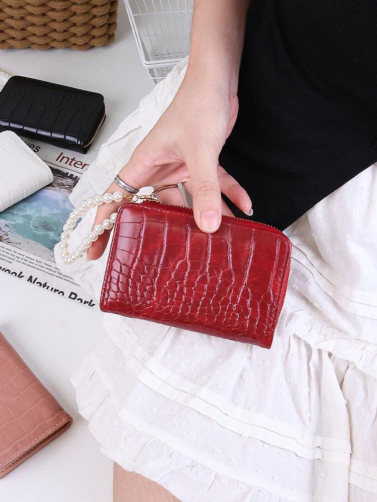 Women's Korean Style Short Wallet with Pearl Chain, Stone Texture, Card Slots, and Money Clip