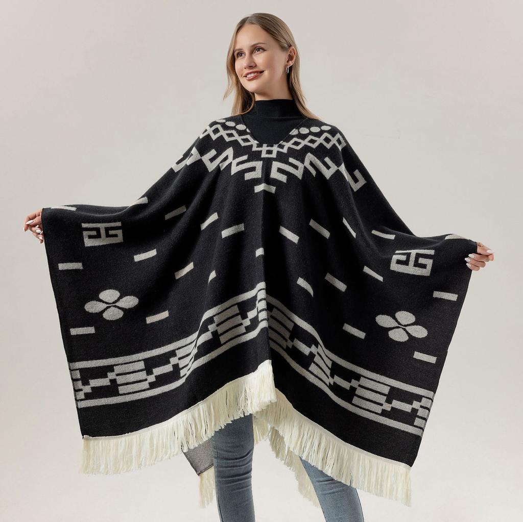 European and American Style Women's Tassel Shawl Pullover Cape Knitted Pashmina Winter Warm Wraps Large Cloak