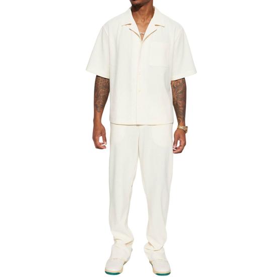 2Pcs/Set Men Outfit Lapel Short Sleeve Single Breasted Shirt Elastic Waist Long Pants Set Solid Color Loose Fit Casual Outfit