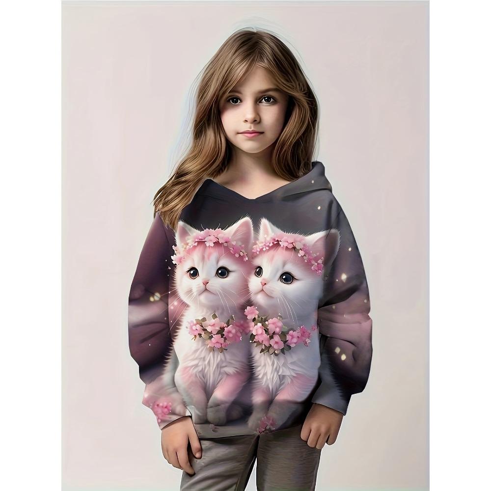 Autumn Comfortable Sports Leisure Long Sleeved Pullover Hooded Sweatshirt Children Cartoon Cat 3d Pattern Loose Versatile Pocketless Hoodies