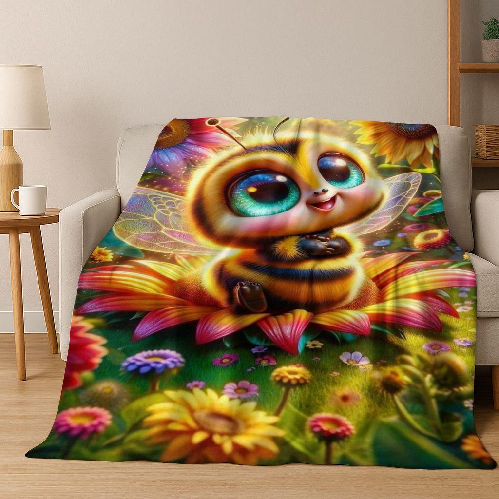 Cute Cartoon Bee HoneyBee Insect Art Flannel Blanket,Cozy Soft Throw Blanket for Home Bedroom Bed Sofa Picnic Cover Gift Kids