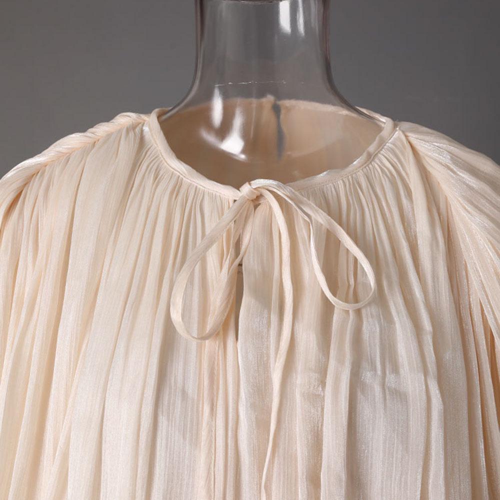 Women's Spring Puff Sleeve Ruffle Dress with Pleated Ribbon Design