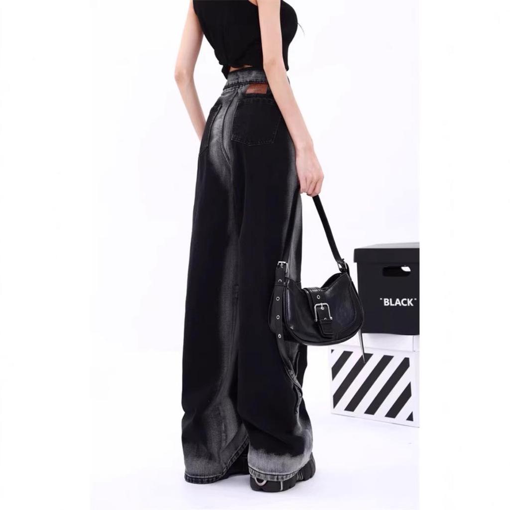 American Retro Gradient High-Waist Wide-Leg Jeans for Women - Plus Size, Floor-Length, Loose Fit, Autumn/Winter/Spring.