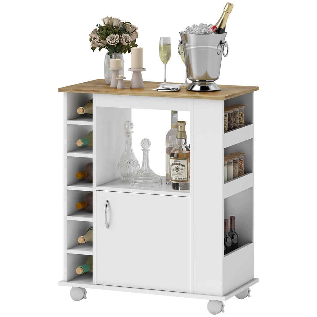 Kitchen Cart with Cabinet and Adjustable Shelves, Swivel Wheels and Brake, 75x39.5x88 cm, White