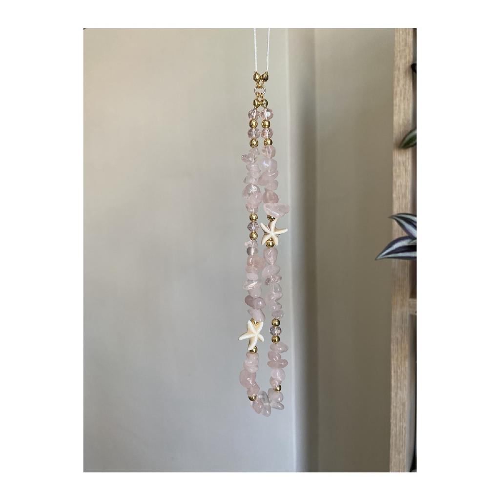Pink Quartz Natural Stone Pink Crystal Detailed Star Gold Detailed Phone Strap Charm Accessory Rope
