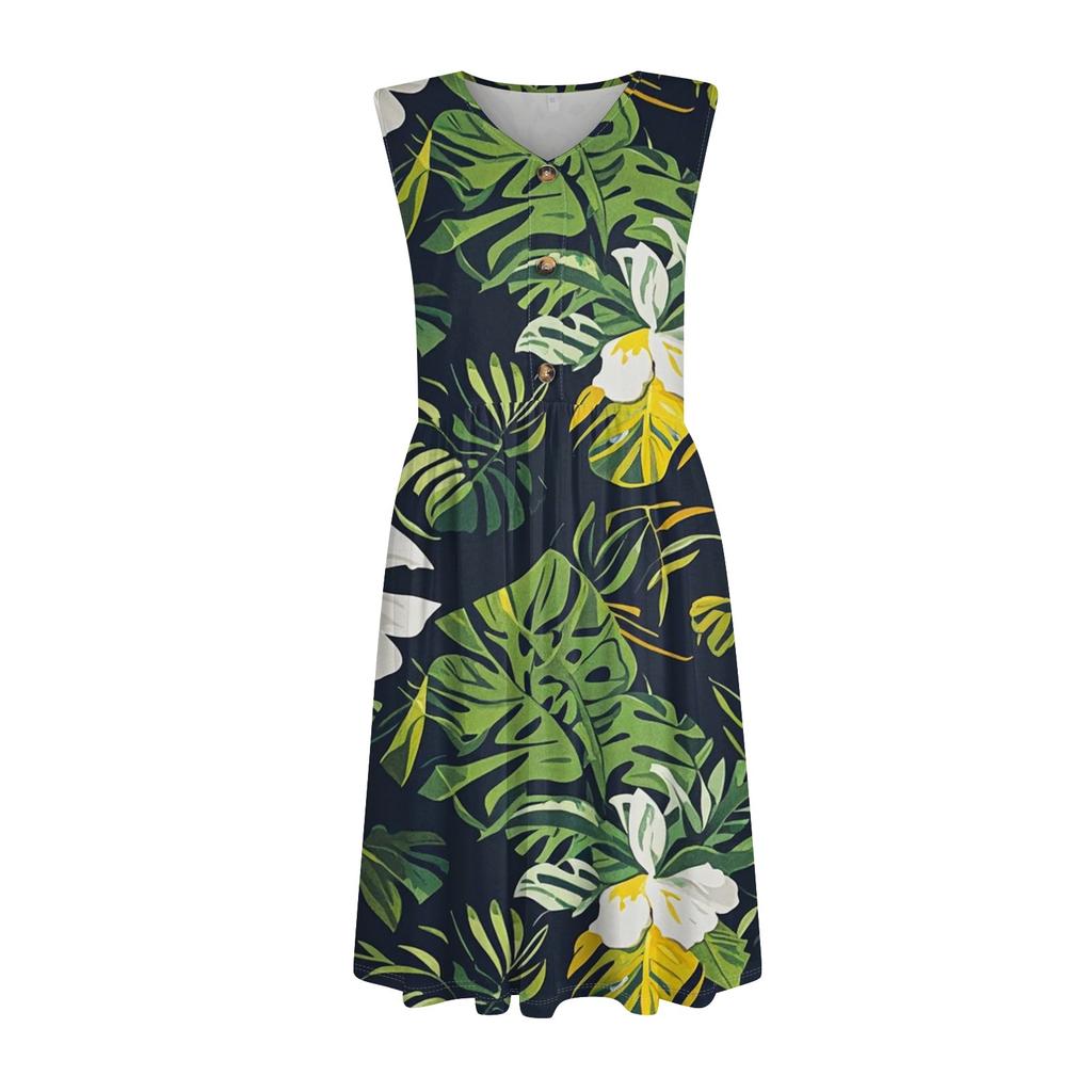 Kadın Günlük Moda Seksi V Yaka Düğme Dekorlu Kolsuz Plaj Baskılı Butoniyer Elbise