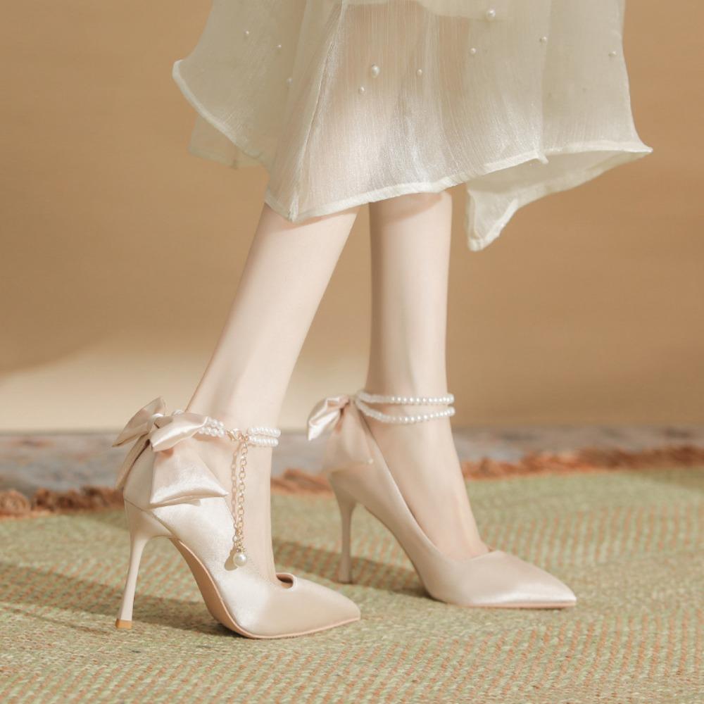 Fashion High Heels for Women Thin Heel Pointed Toe Straight Pearl Buckle with Bow Silk Fabricplus Size Women's Shoes Pumps White Heels