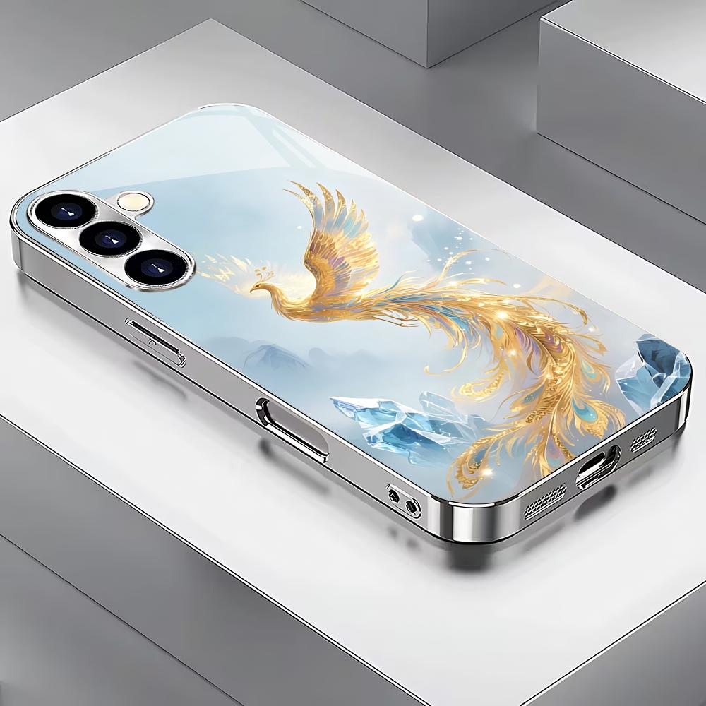 

Golden Phoenix Silver Plated Glass Phone Case Suitable for Samsung Galaxy S26 S25 S24 S22 S21 S20 FE/Ultra/Plus Anti Drop GalaxyS25