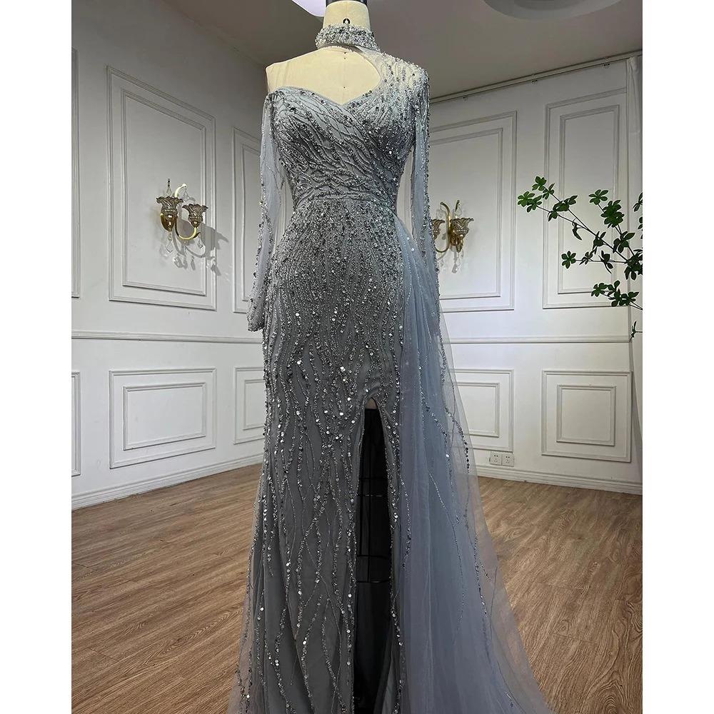 Light luxury one-shoulder long-sleeved fishtail split long dress gray heavy industry beaded banquet evening dress LA11811A