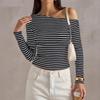 Women Long Sleeve Striped Ribbed Knit Top Off Shoulder Casual Slim Fit Lightweight Sweater Stretchy Pullover Shirt