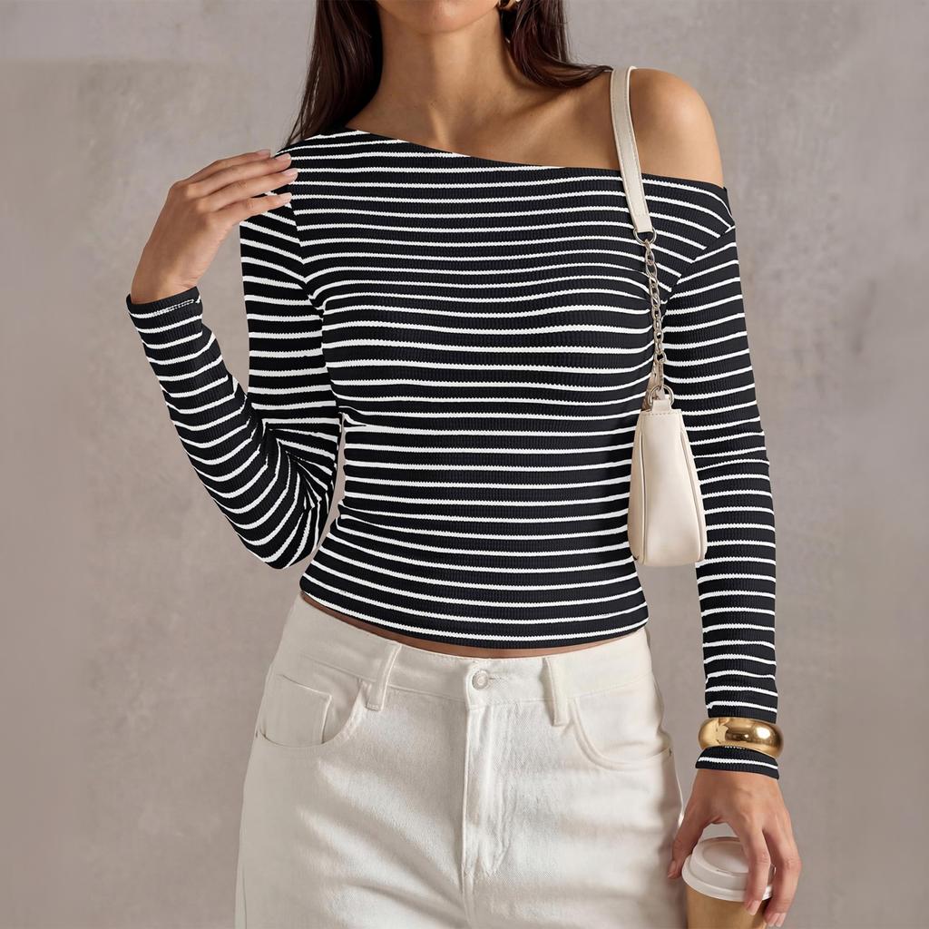 Women Long Sleeve Striped Ribbed Knit Top Off Shoulder Casual Slim Fit Lightweight Sweater Stretchy Pullover Shirt