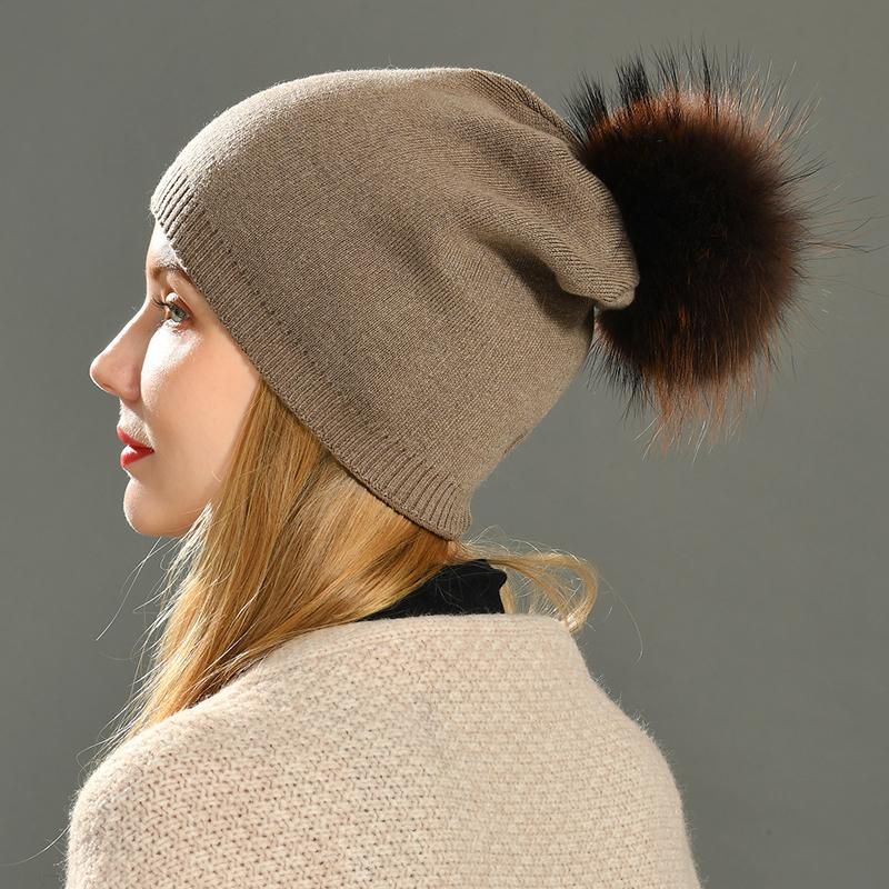 Real Raccoon Fur Pom Pom Knitted Hat Women Beanies Cashmere Winter Hat Female Girl Cotton Skullies Wool Beanie Hat