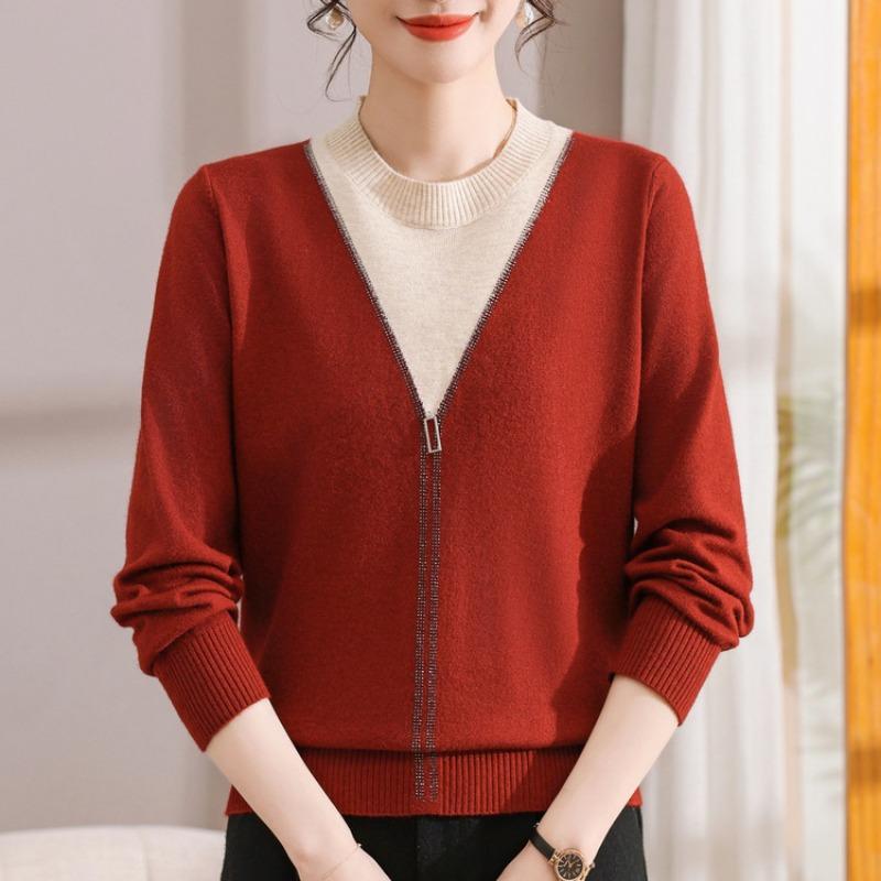 Spring new mother outfit middle-aged women's knitted sweater round neck thin long-sleeved sweater loose mother-in-law top