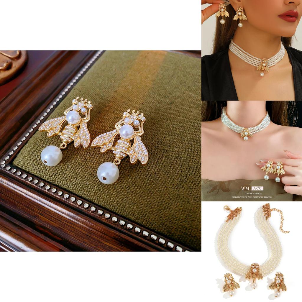 Fashionable Gold Small Bee Necklace And Earring Set With Layered Pearl Design For Women