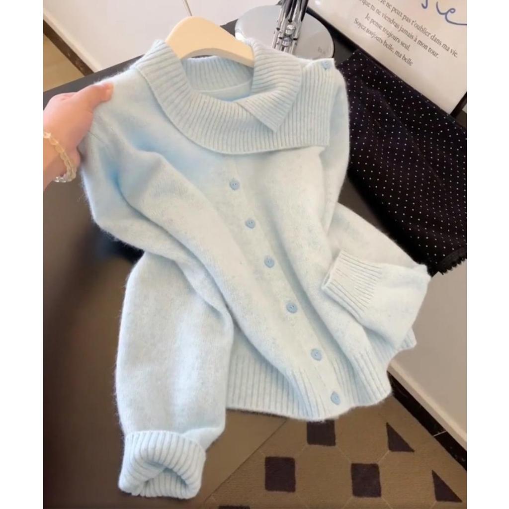 2025 Autumn/Winter Blue Lapel Button Knit Cardigan - Loose, Slimming, Versatile Sweater, Warm Outerwear