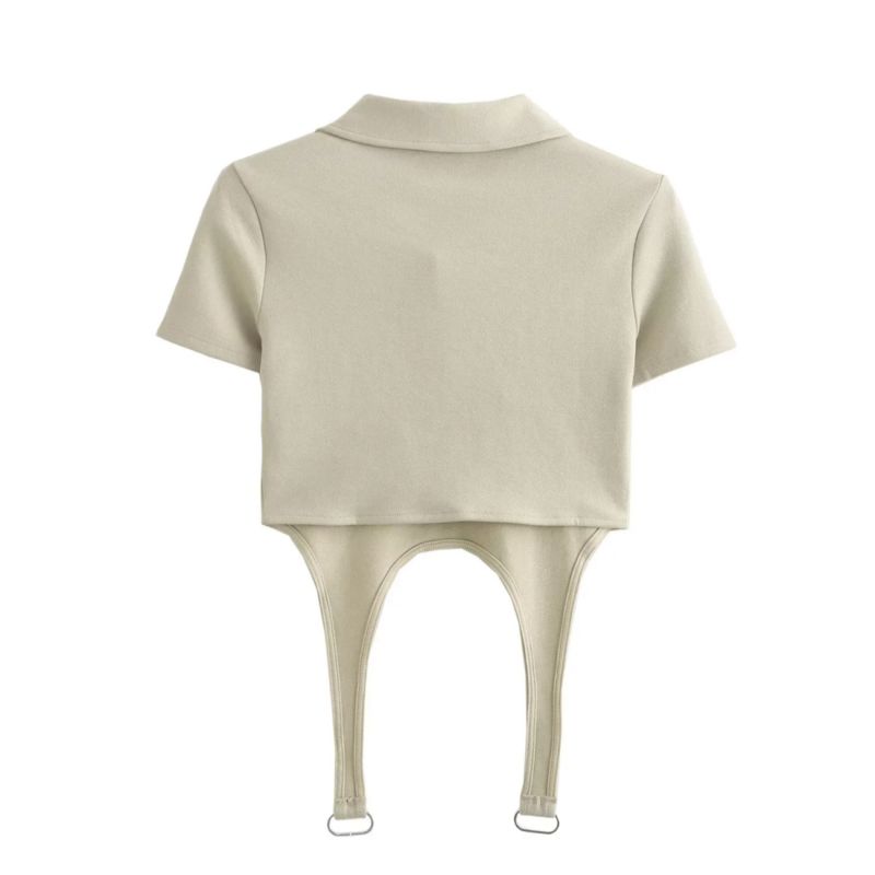 Fashion Style 2024 Autumn New Women's Double-Sided Cloth Polo Shirt Lapel Waist Leakage Short Sleeve Tops 3641833