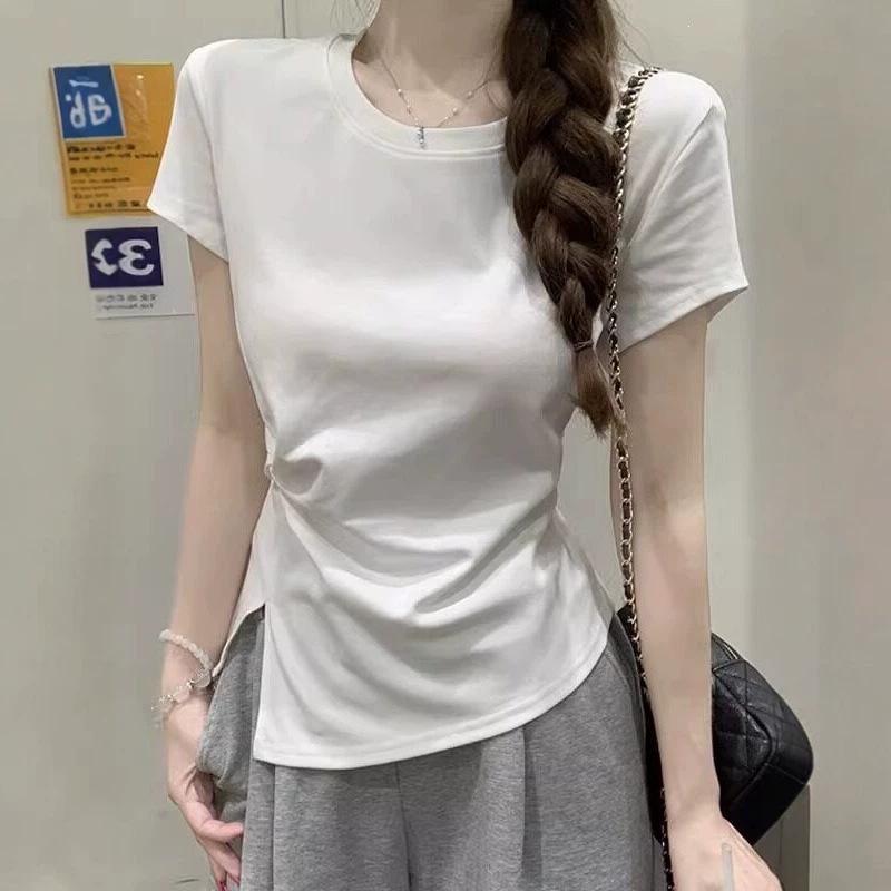 Crew Neck Knot Split Design Waist Short-sleeved T-shirt Women's Summer New Irregular Hem Slim-fitting Top