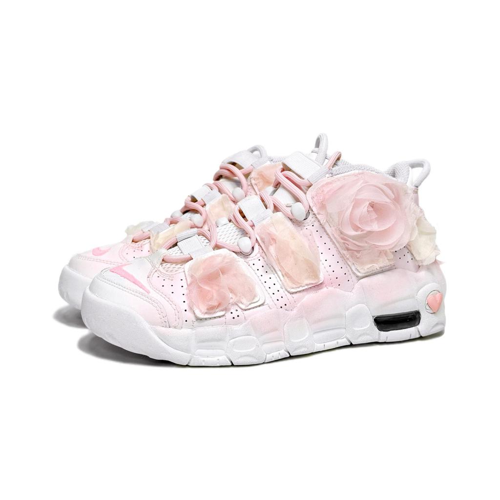 Nike Air More Uptempo Pure White Bridal, Lolita Cushioning Mid Top Basketball Shoes Women's White Pink DH9719-100(Team610-)