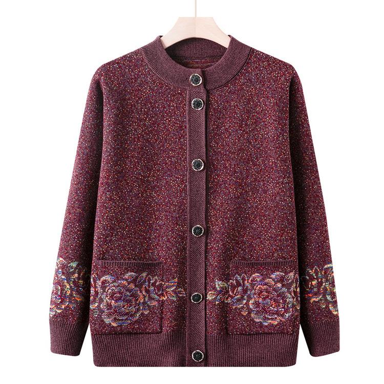 New Style Grandma Wear Autumn and Winter Sweater Knitted Sweater Cardigan Middle-aged and Elderly Mother Wear Jacket Autumn Old Lady Clothes