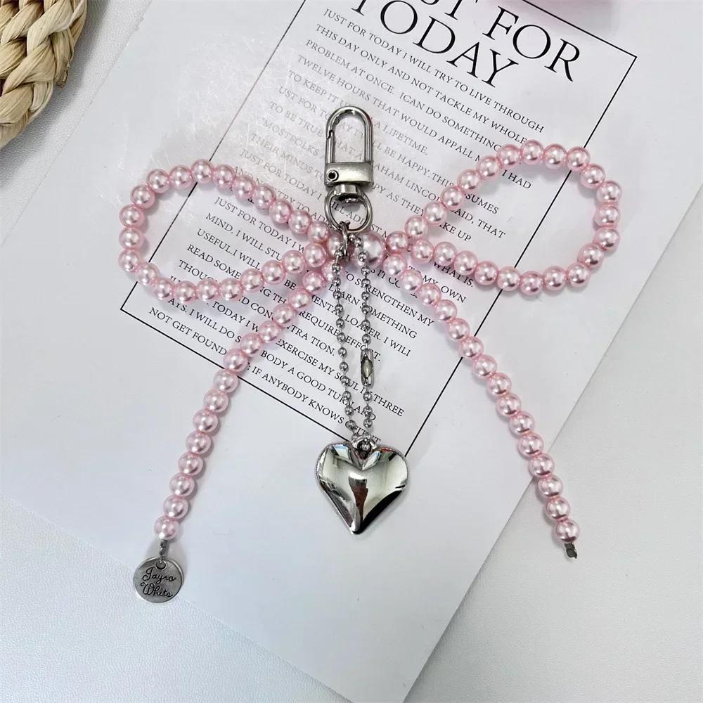New Sweet Bowknot Heart Keychain Pendant Lovely Beaded Hanging Decorations Keyring Charm Phone Lanyard Phone Charm Bag Pendant