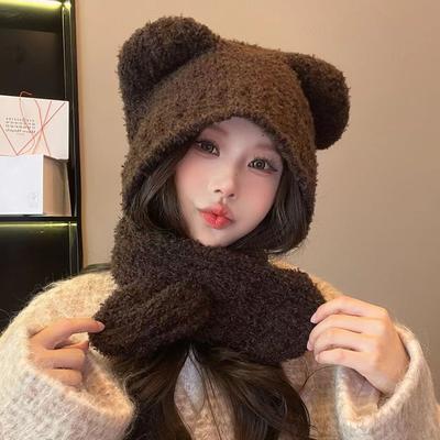 Versatile Bear Warm Hat  Scarf  All In One Women's Thickened Ear Protection Hat Autumn and Winter Knitted Lei Feng Hat