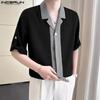 INCERUN Oversized Men Lapel Neck Half Sleeve Patchwork Casual Shirts