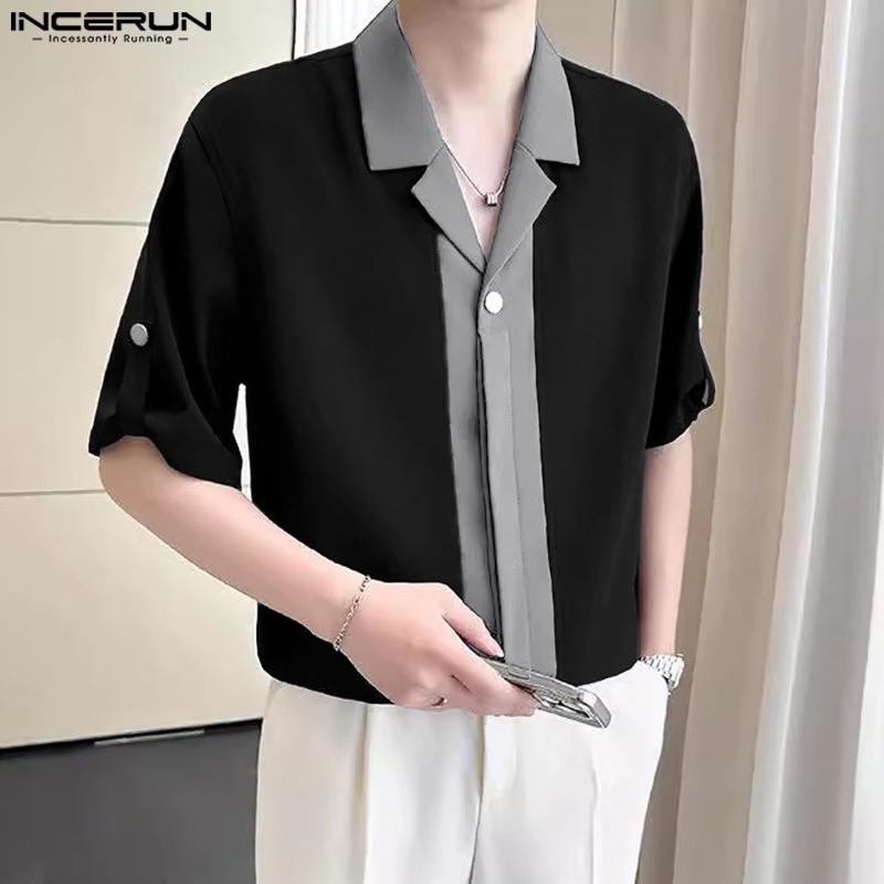 INCERUN Oversized Men Lapel Neck Half Sleeve Patchwork Casual Shirts