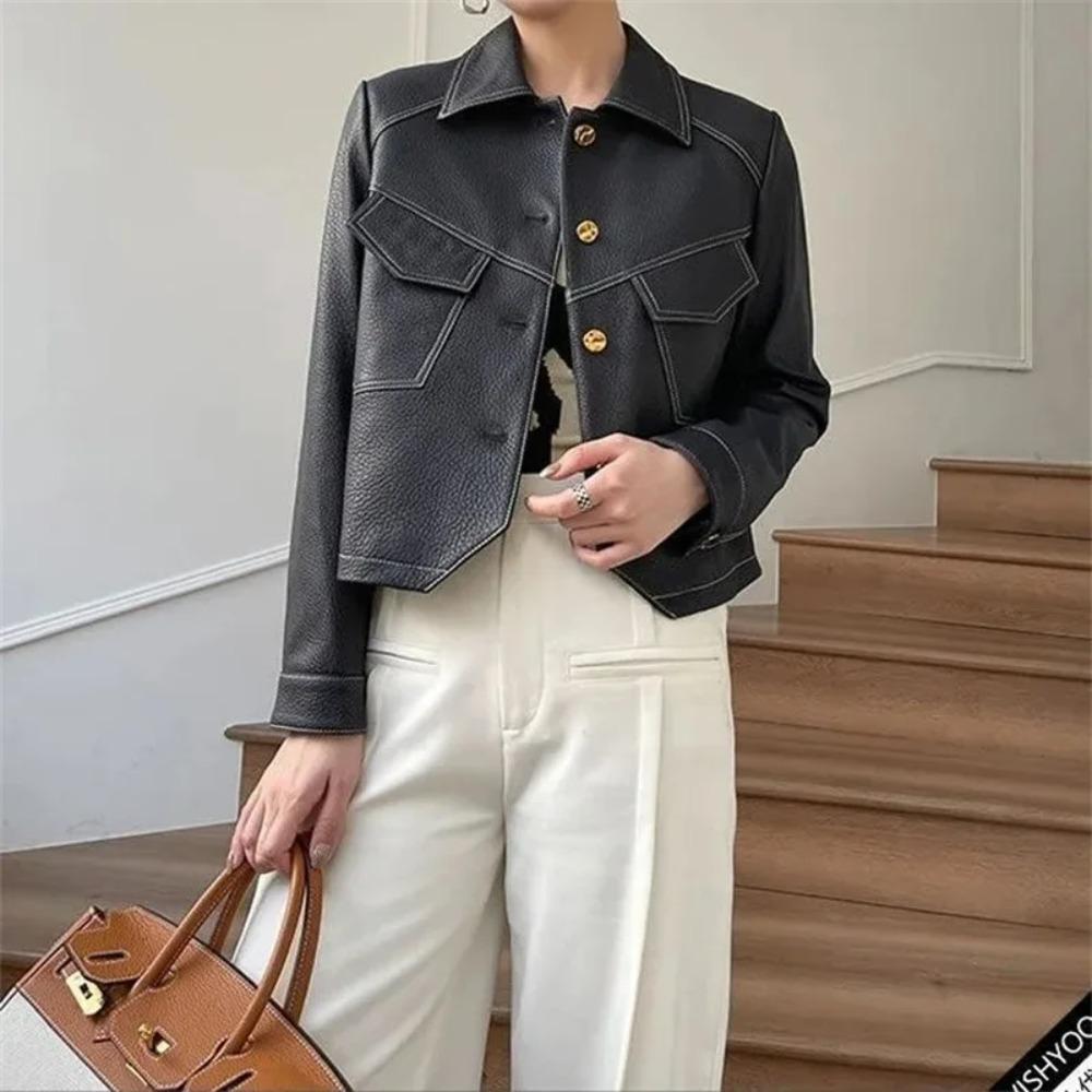 Abrigo de Bicicleta Marrón de Gama Alta para Mujer, Ropa Exterior de Cuero PU, Conjunto de Botones, Moda Femenina Primavera Otoño, Chaqueta Corta Fina para Mujer