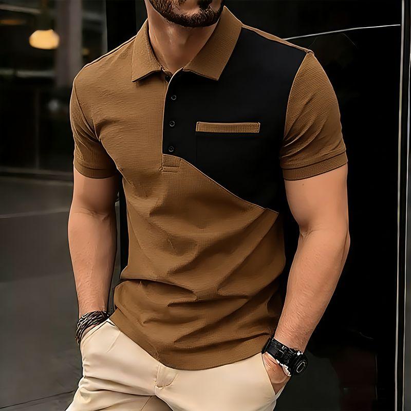 

New Men s Short Sleeve Polo Shirt Color Block Streetwear Lapel Tshirts for Men Summer Jogging Sport Tops Loose Basic Splice Top XXL кавовий