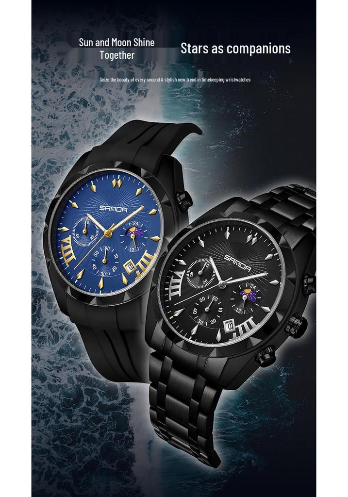 Sanda Men's Waterproof Business Watch - Steel Band, Luminous, with Small Seconds and Simple Calendar.