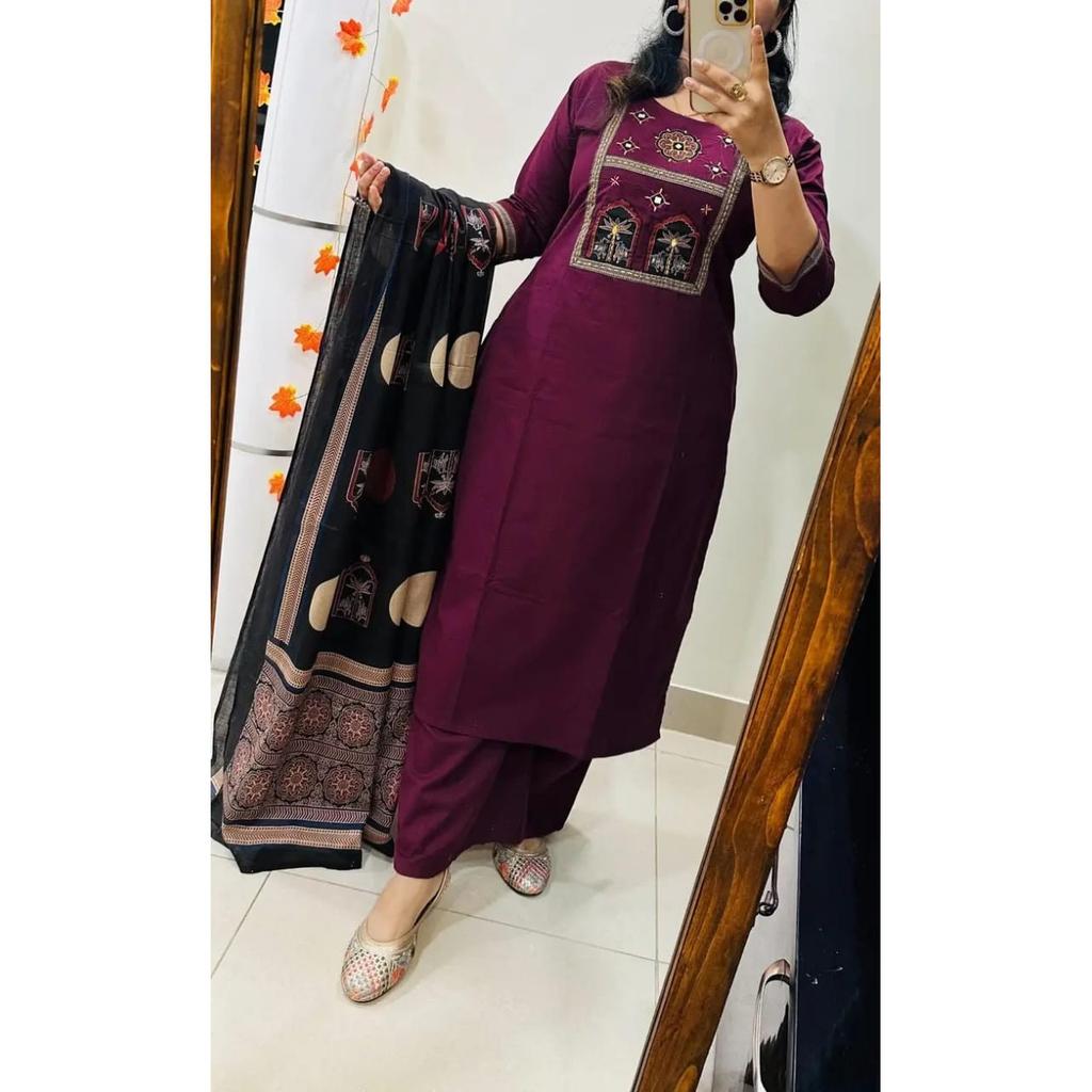 Indian Bollywood Heavy Cotton Kurta Set Women Party Wear Kurti Pant Dupatta Set