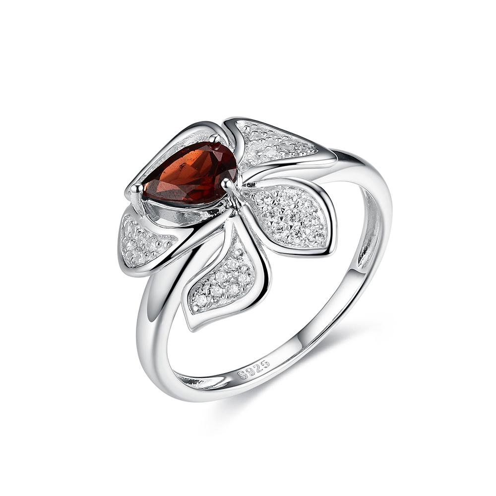 Wunderschönes Blumendesign Natürlicher Granat gepaart mit weißem Zirkon Damen Ring Ohrringe Schmuckset 925 Silber Jubiläumsgeschenk