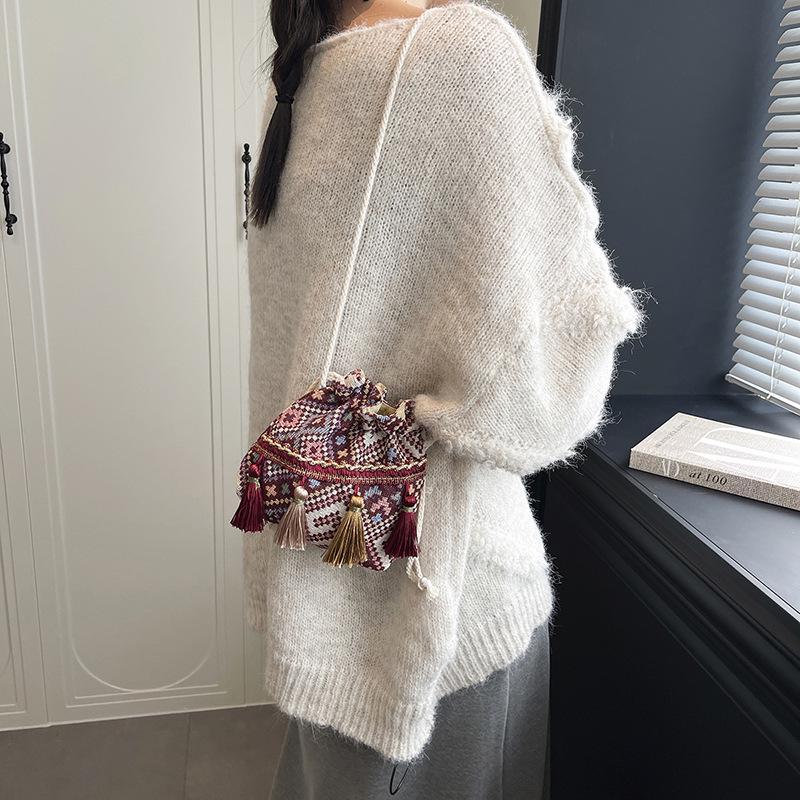 Ethnic Style Women's Tassel Drawstring Crossbody Bag