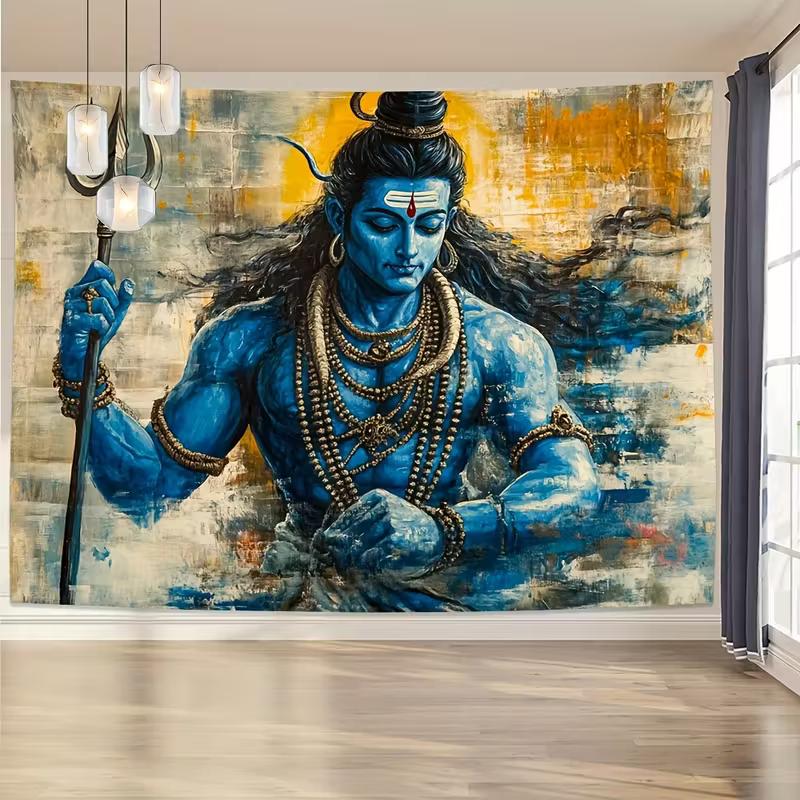 2D Abstraktní Hinduistický Bůh Šiva Gobelín Trishul Malba Závěs na Zeď