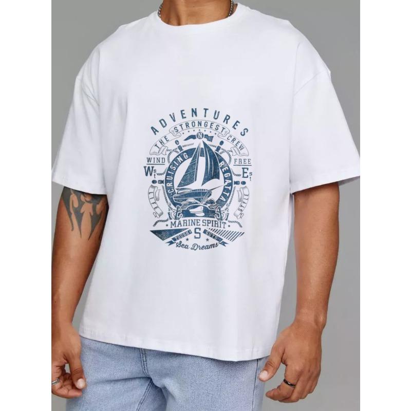 Crew Neck T Shirt White Nautical Sailboat Adventure Marine Spirit Print for Casual Outdoor Wear