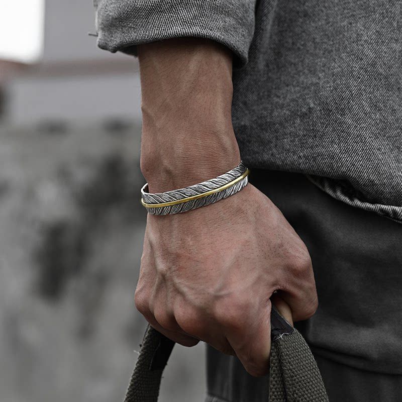 Titanium Steel Men Domineering Bangle Bracelet Feather Indian Stylish Trendy Distressed Retro Europe and America Fashion Design Adjustable