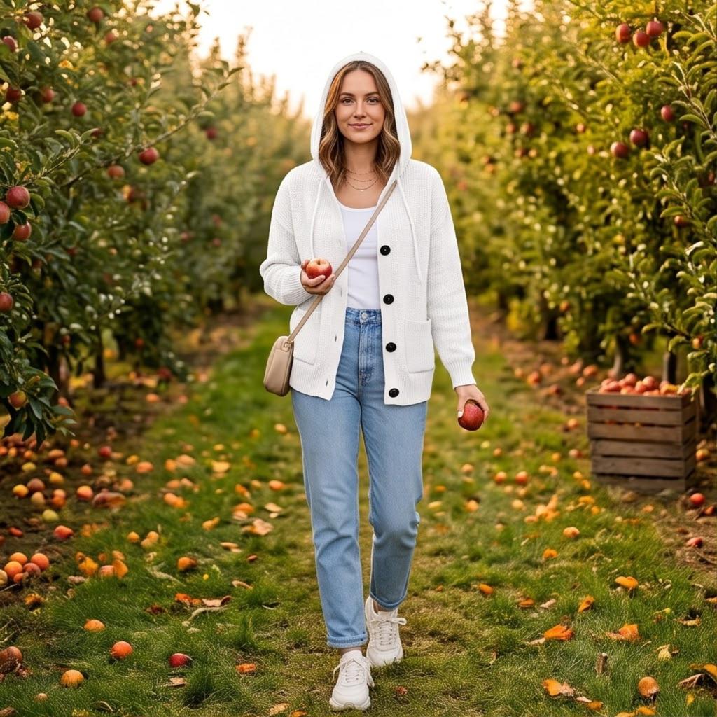 Cardigan Lungo con Cappuccio e Bottoni a Manica Lunga da Donna per Primavera Autunno Capospalla Casual