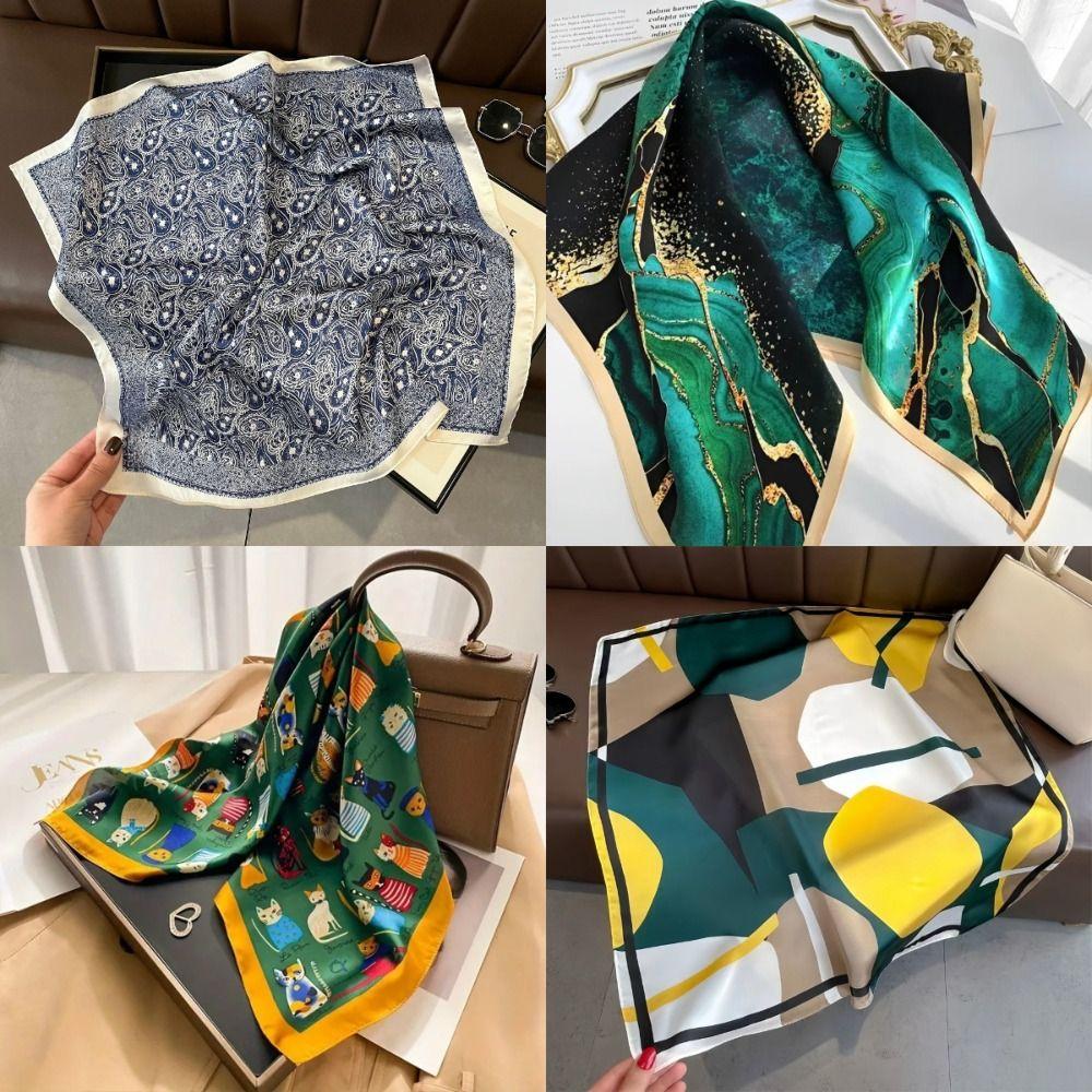 Square Women Silk Scarf Small Satin Female Hijab Bandana Fashionable Print Wrap Headkerchief